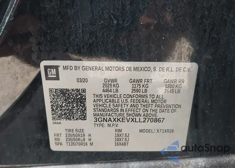 2020 Chevrolet Equinox Fwd Lt 1.5L Turbo z USA, uszkodzony, nr VIN 3GNAXKEVXLL270867